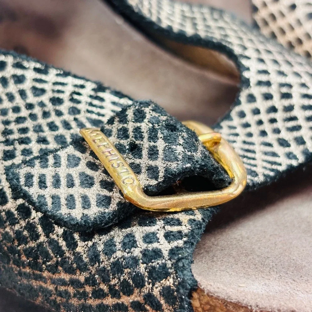 Mephisto Women Black Gold Snakeskin Leather Wedge Sandals Cork Footbed Size 39